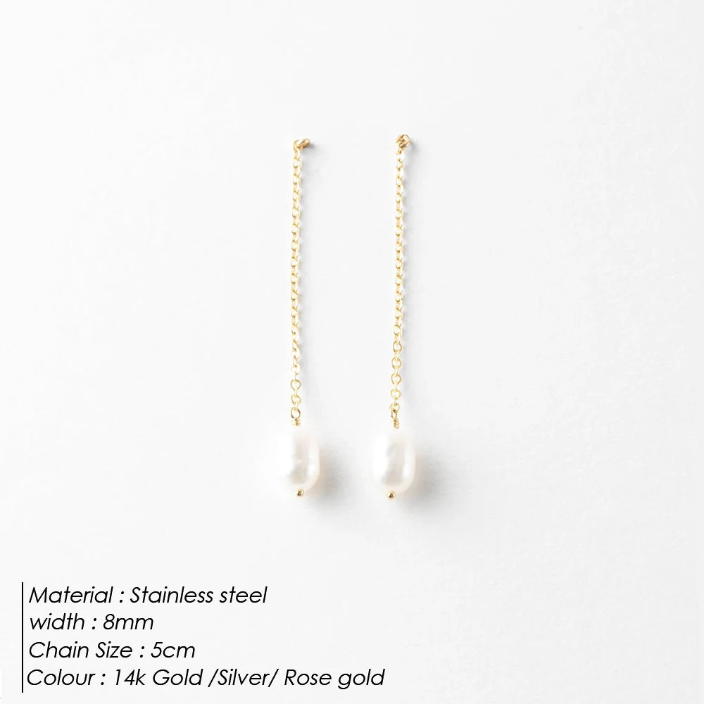 eManco New Freshwater Pearl Earrings Long Chain Dangle Earrings Stainless Steel Jewelry Wedding Gift for Women