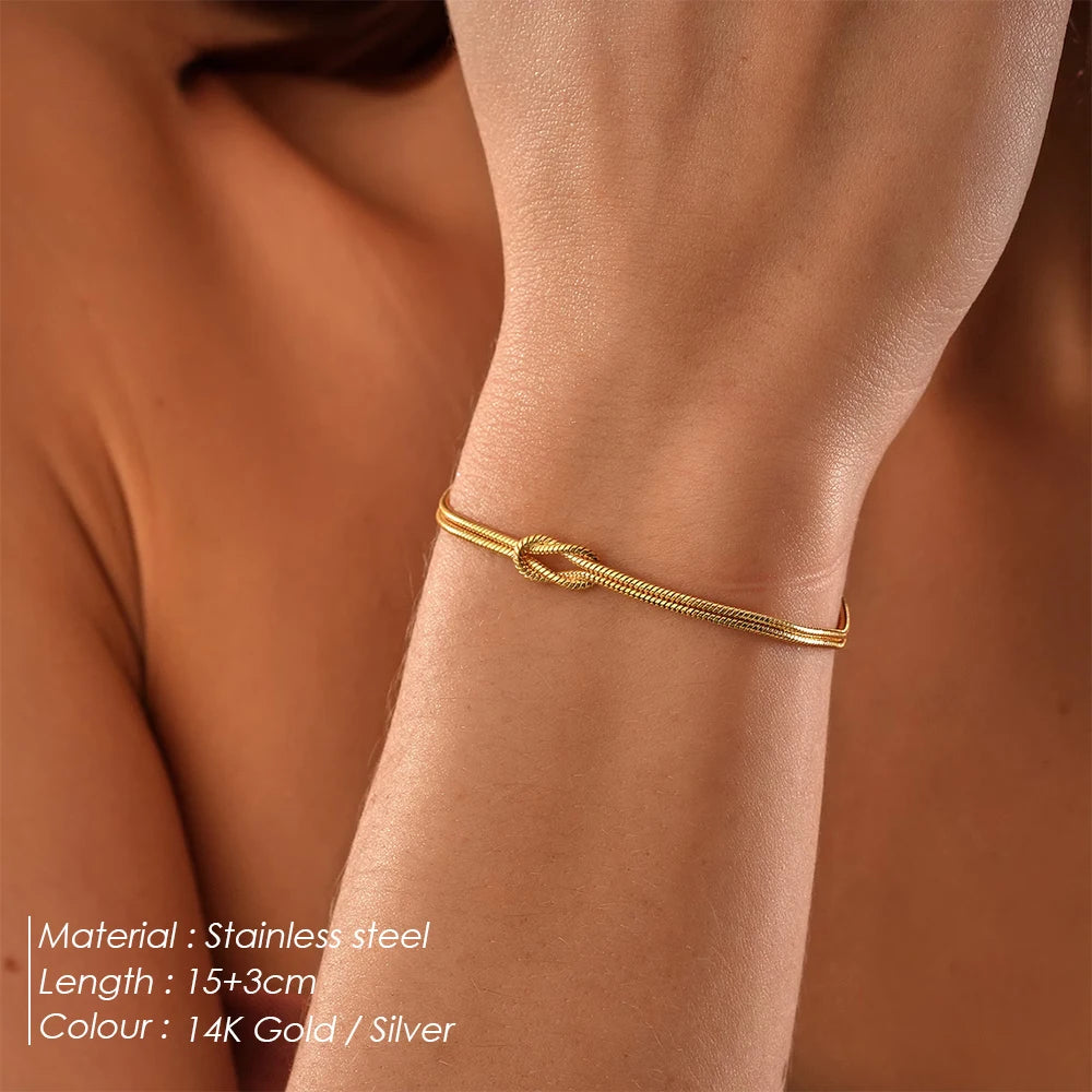eManco Fashion High Quality Stainless Steel Gold Plated Couple Bracelets Classic Round Snake Chain Knotted Simple Accessories