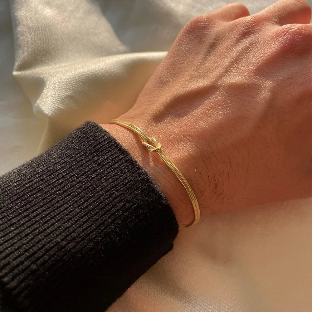 eManco Fashion High Quality Stainless Steel Gold Plated Couple Bracelets Classic Round Snake Chain Knotted Simple Accessories