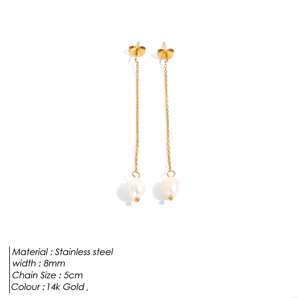 eManco New Freshwater Pearl Earrings Long Chain Dangle Earrings Stainless Steel Jewelry Wedding Gift for Women