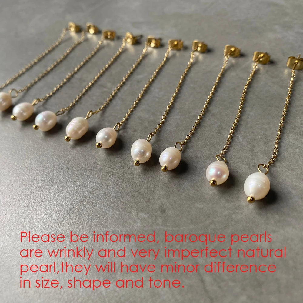 eManco New Freshwater Pearl Earrings Long Chain Dangle Earrings Stainless Steel Jewelry Wedding Gift for Women