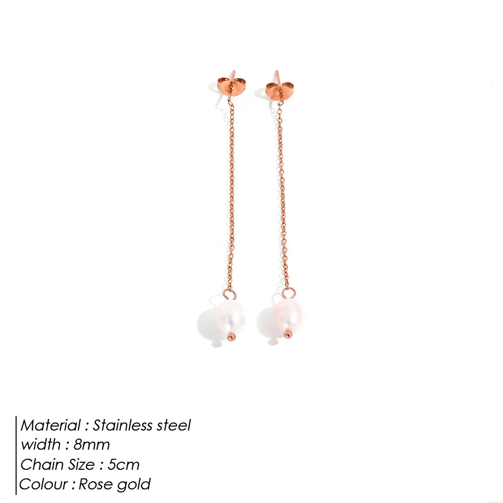 eManco New Freshwater Pearl Earrings Long Chain Dangle Earrings Stainless Steel Jewelry Wedding Gift for Women