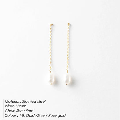 eManco New Freshwater Pearl Earrings Long Chain Dangle Earrings Stainless Steel Jewelry Wedding Gift for Women