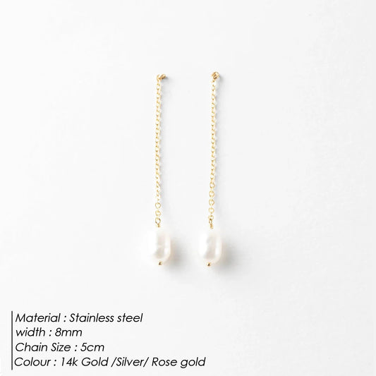 eManco New Freshwater Pearl Earrings Long Chain Dangle Earrings Stainless Steel Jewelry Wedding Gift for Women