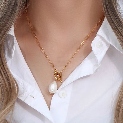 eManco Freshwater Pearl Toggle Necklace For Women Paperclip Chain Necklace Stainless Steel Long Box Square Chain Long Choker
