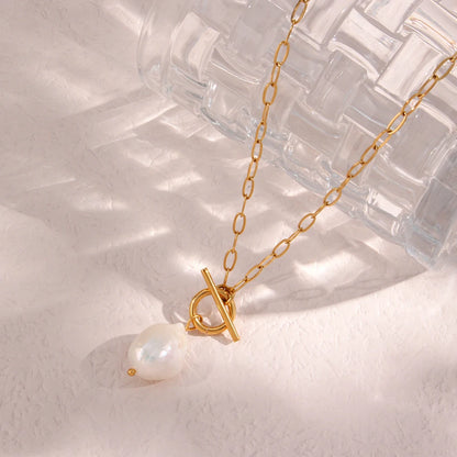 eManco Freshwater Pearl Toggle Necklace For Women Paperclip Chain Necklace Stainless Steel Long Box Square Chain Long Choker