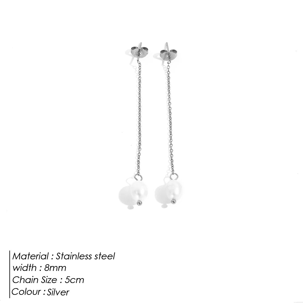 eManco New Freshwater Pearl Earrings Long Chain Dangle Earrings Stainless Steel Jewelry Wedding Gift for Women