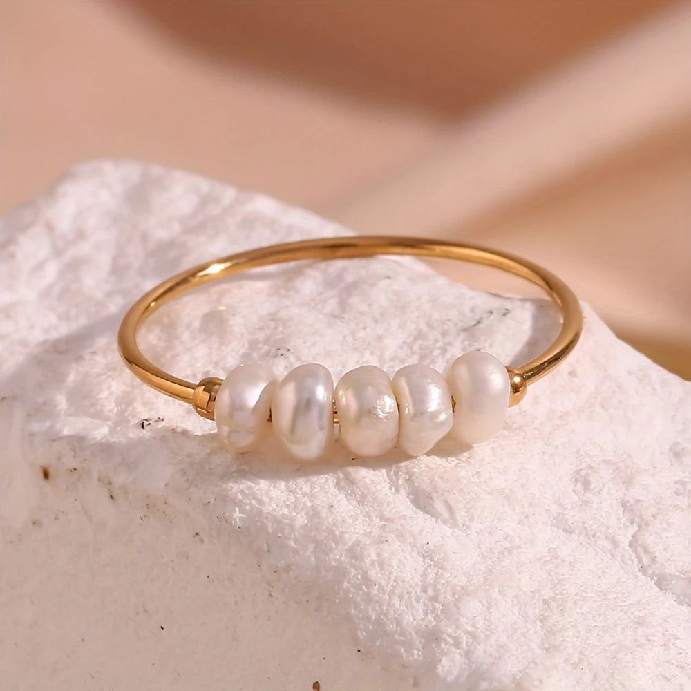 eManco Fashion Freshwater Pearls High Quality Stainless Steel Gold-Plated Round Rings Holiday Jewelry Gifts Wholesale