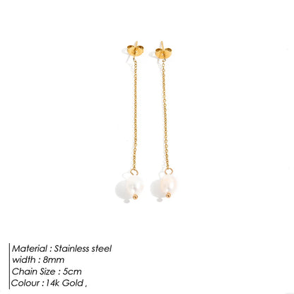 eManco New Freshwater Pearl Earrings Long Chain Dangle Earrings Stainless Steel Jewelry Wedding Gift for Women
